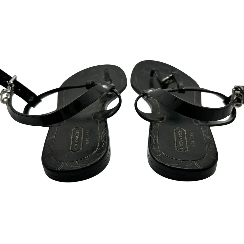 Coach Womens Pansy Sandals‎ Size 7 Black Jelly T-Strap Thong Slingback Medallion